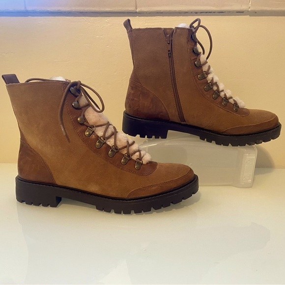 Lucky Brand Two-Tone Brown  Leather/ Wool Ankle Walking Boots Platform Size 91/2 - Picture 2 of 12